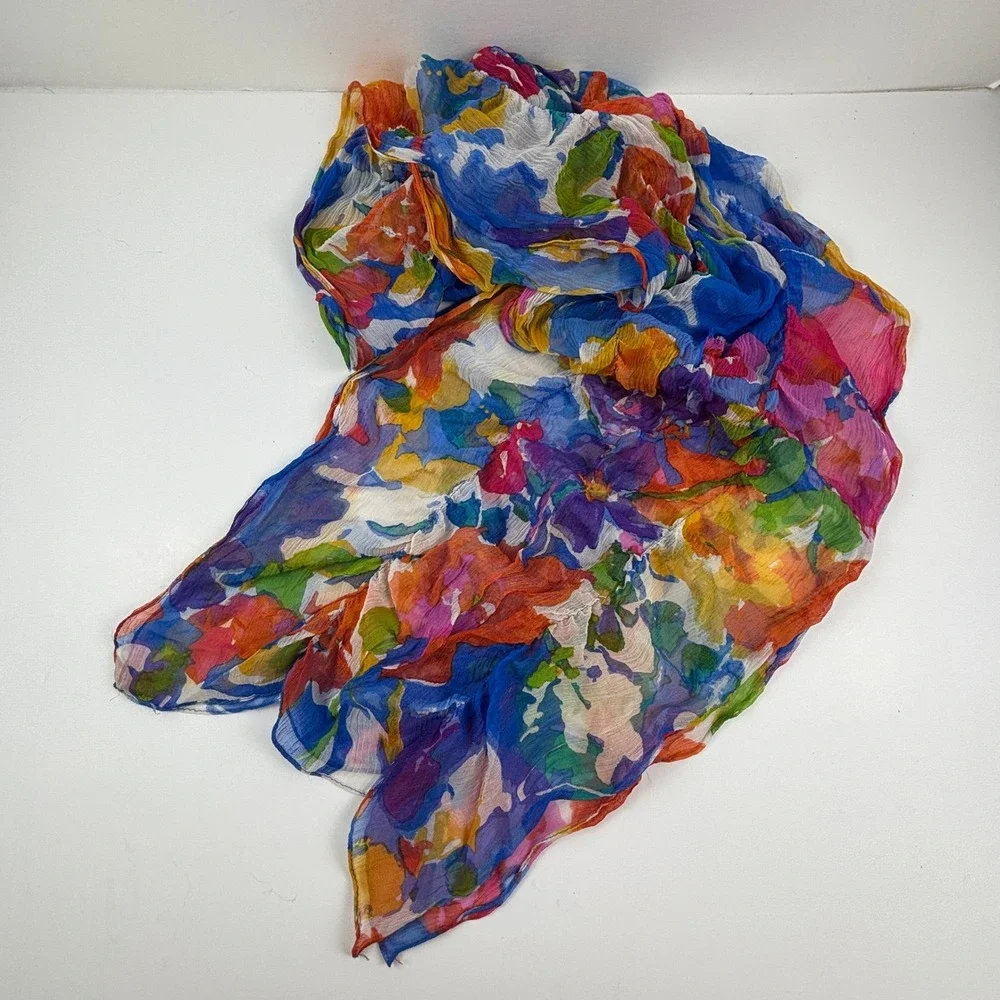 Vibrant Floral Silk Scarf Shawl‎ Wrap Blue Pink Orange Yellow Accent Dopamine